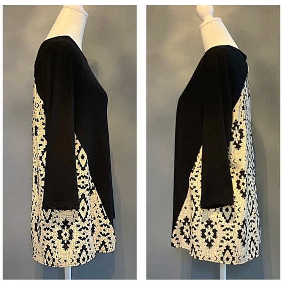 STITCH FIX LE LIS Mari M Black Pattern Mix Material 3/4 Sleeve Knit High-Low Top - Picture 4 of 11